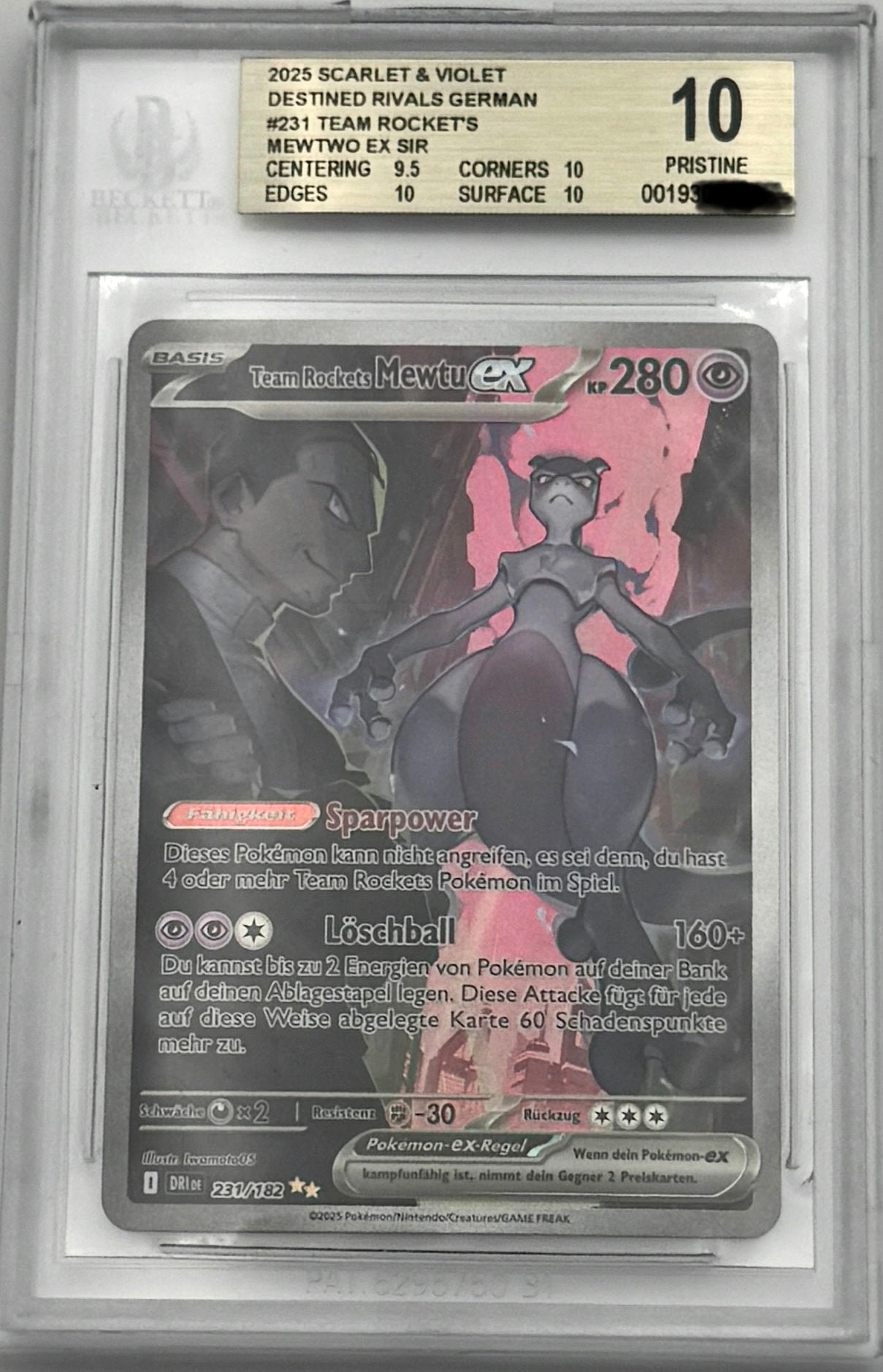 Mewtu ex #231 BGS 10 Pristine – Team Rocket Pokémon Karte (Destined Rivals, Deutsch)